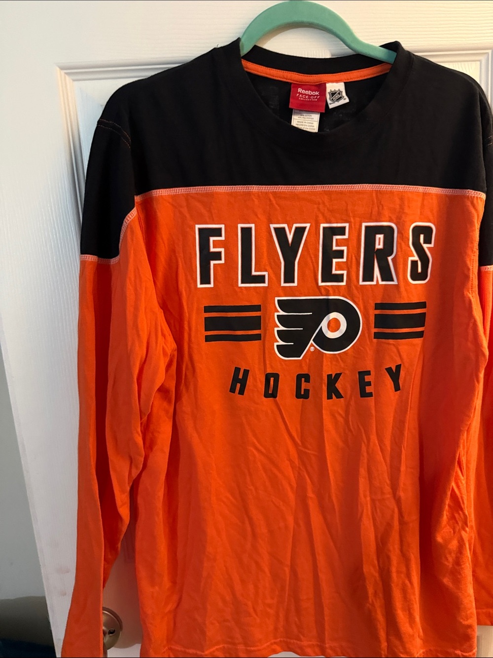 Reebok Orange and Black Philadelphia Flyers Long Sleeve Hockey Shirt